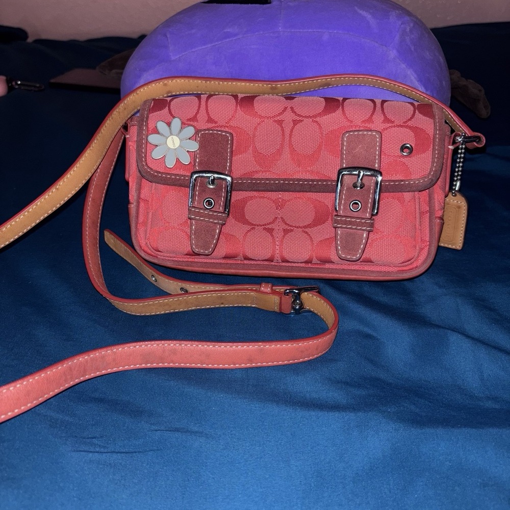 Coach Red Suede Canvas Crossbody Bag Flower Signature C Logo 6844 Vintage